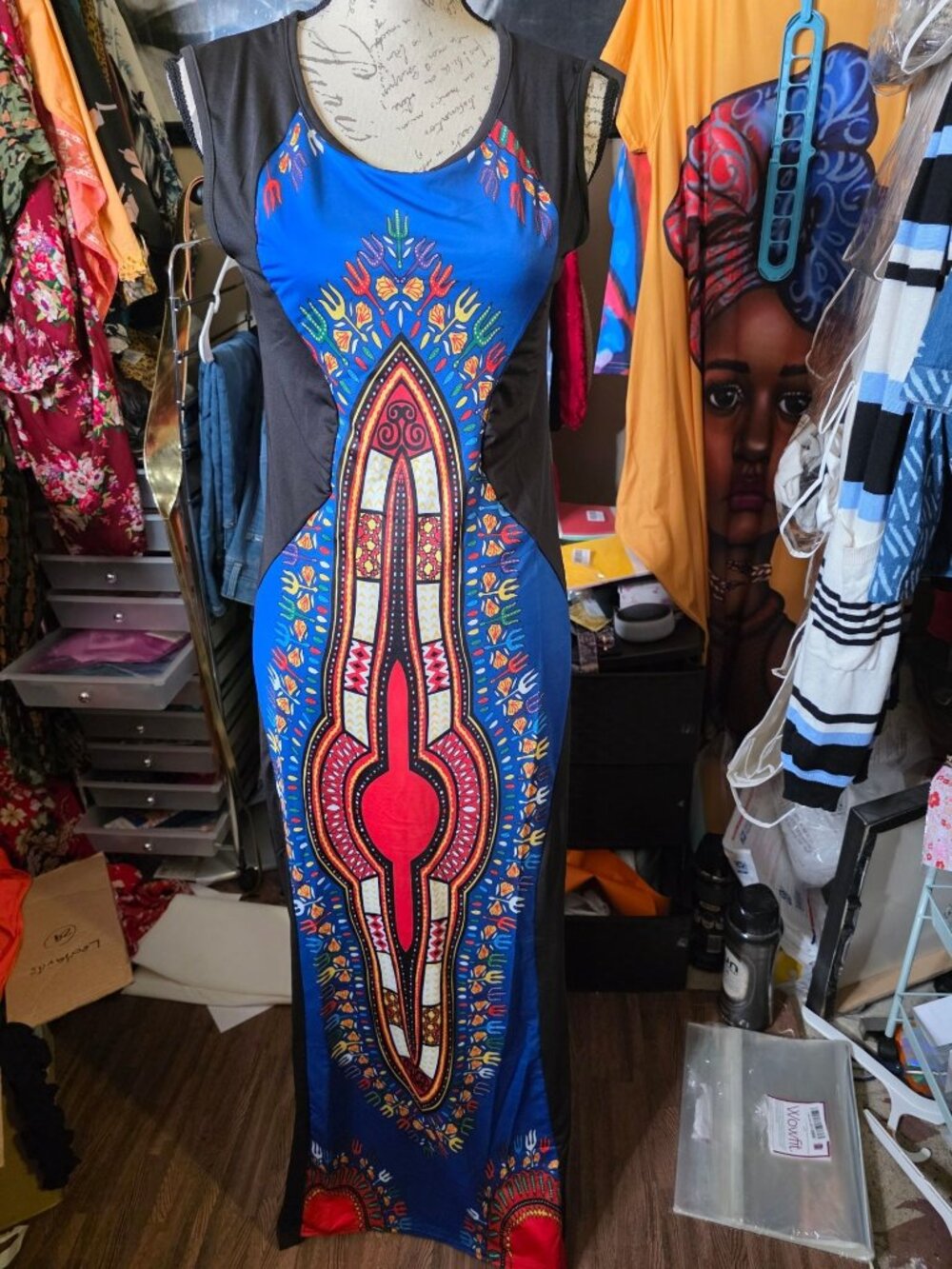 African Dashiki Maxi Dress With Vibrant Tribal Print Sleeveless Stretchy Fabric